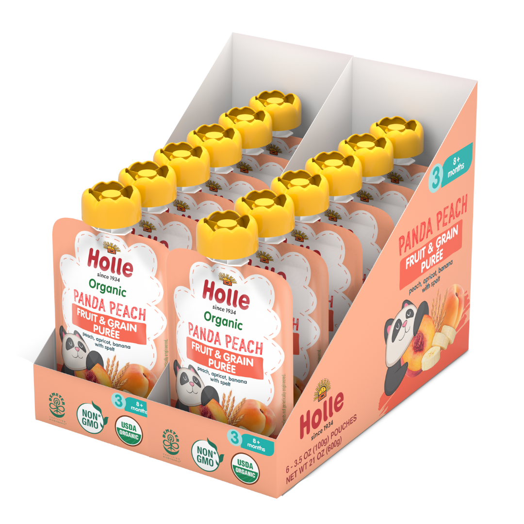 Holle Baby Food Pouches - Organic Fruit & Grain Puree - Panda Peach