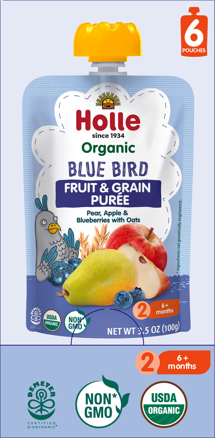 Holle Baby Food Pouches - Organic Fruit & Grain Puree - Blue Bird