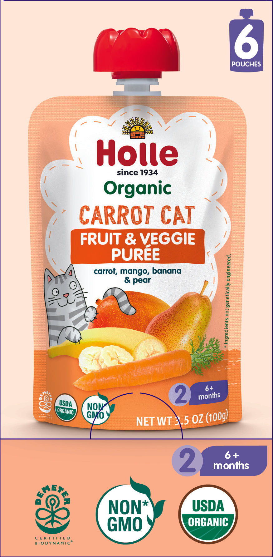 Holle Baby Food Pouches - Organic Fruit & Veggie Puree - Carrot Cat