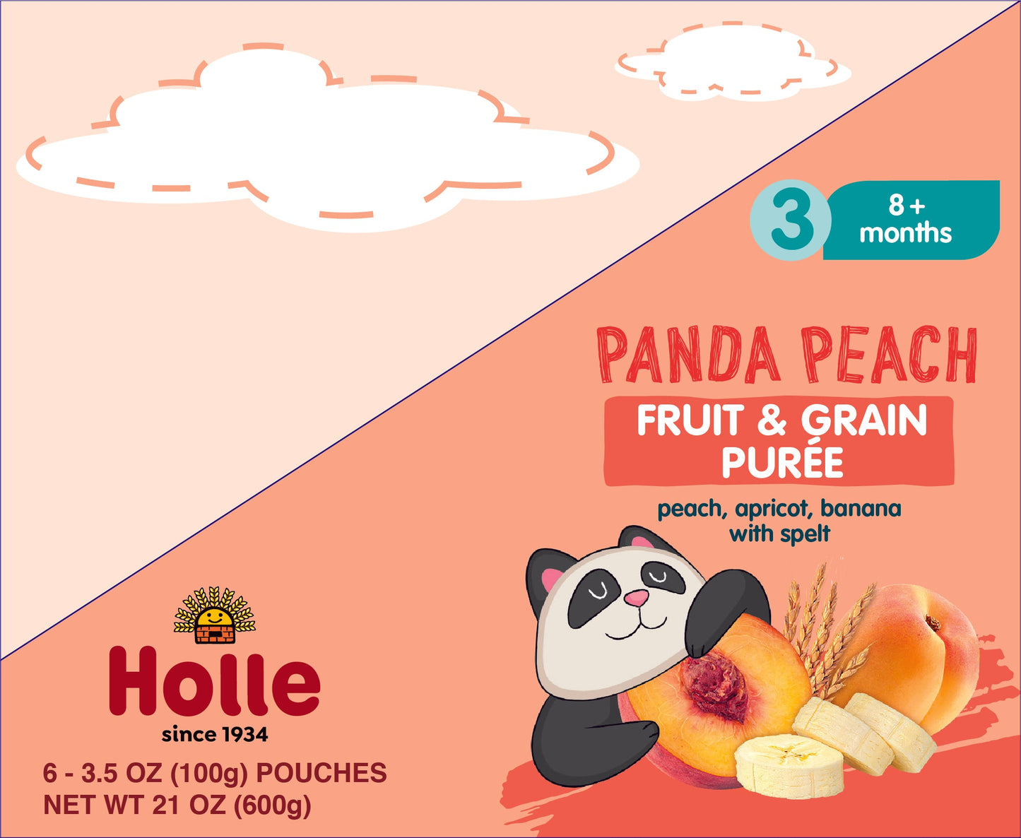 Holle Baby Food Pouches - Organic Fruit & Grain Puree - Panda Peach