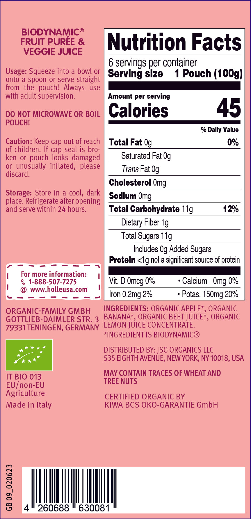 Holle Baby Food Pouches - Organic Fruit & Veggie Puree - Zebra Beet